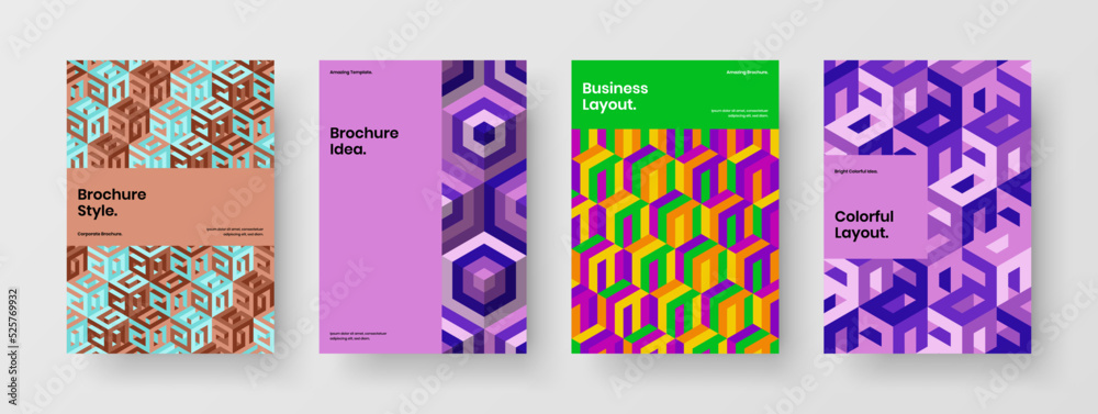 Colorful geometric tiles annual report layout collection. Creative booklet A4 vector design illustration set.