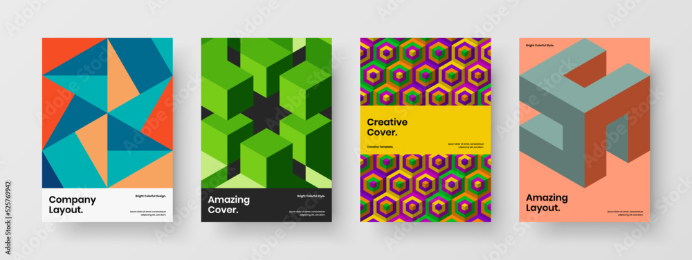 Multicolored geometric tiles presentation illustration collection. Trendy brochure vector design concept bundle.