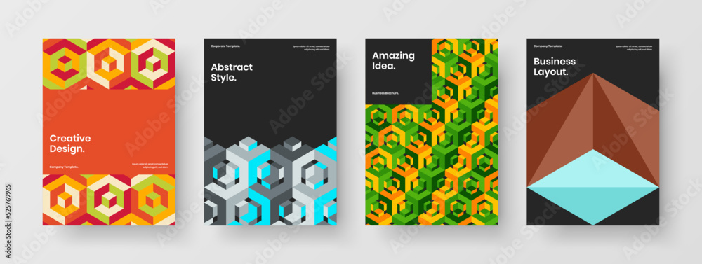 Modern pamphlet A4 design vector layout composition. Clean mosaic shapes catalog cover illustration bundle.