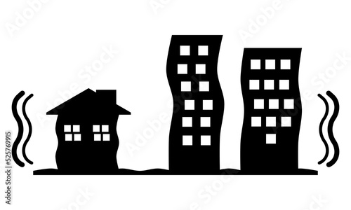 Building city house was shaken by earthquake disaster black icon warning sign banner flat vector design.