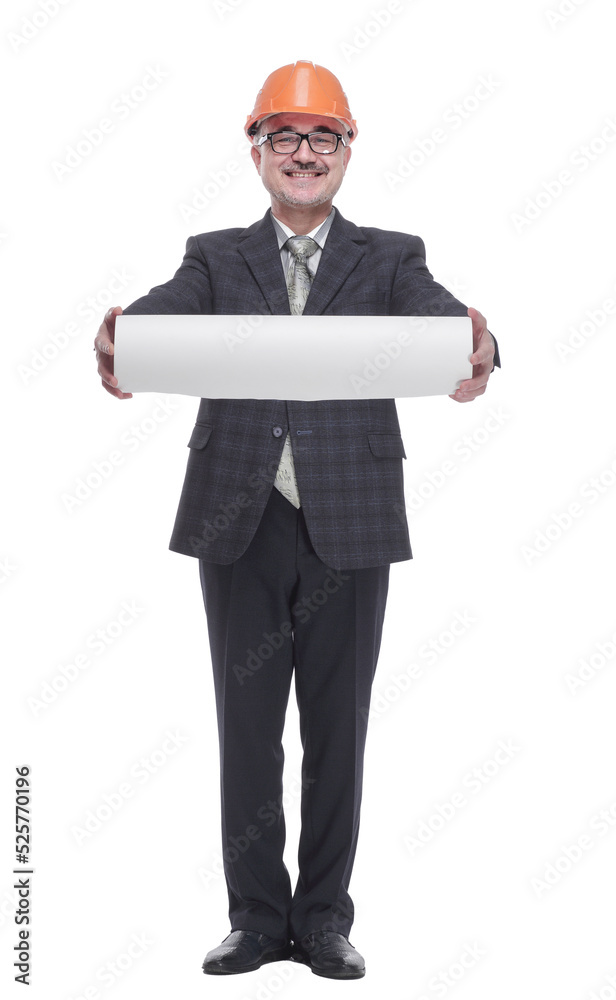 smiling architect offering his project to you. isolated on a white smiling architect offering his project to you. isolated on a white