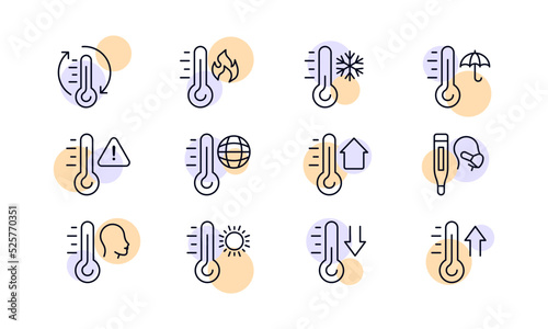 Thermometers set icon. Fire, snowflake, umbrella, planet, home, man in protective mask, sun, arrows, fever, climate control, weather conditions. Temperature measurement concept. Vector line icon