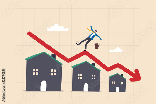 Housing price falling down, real estate and property crash, value drop or decline, home loan or mortgage risk concept, businessman investor home owner falling on decline falling down housing graph.