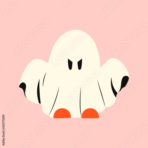 Halloween ghost with raised hands. Kawaii phantom in white clothes. Kawaii monster mystical drawing concept. Flat vector illustration isolated with pumpkins and holiday elements.