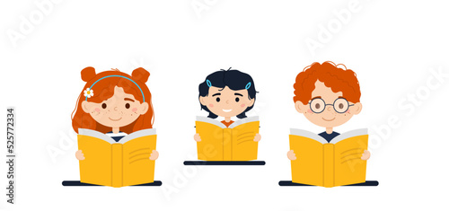 Сhildren with books in their hands reading. Vector illustration. Back to school, the concept of learning