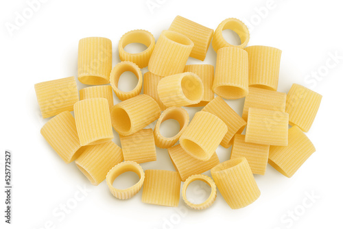 raw italian pasta isolated on white background. Mezze Maniche Rigate Bronze die. Top view. Flat lay