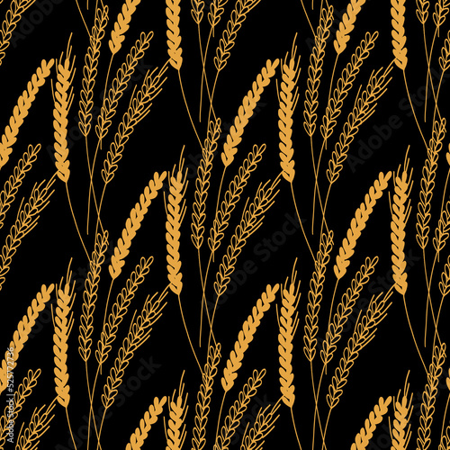 Seamless pattern with ears of wheat illustration on black background