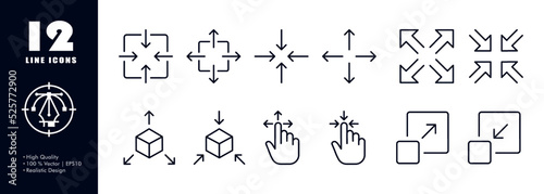 Zoom in and out arrows set icon. Maximize, minimize, scale, increase, decrease, three dimensional cube, view, hand, move, control, gesture, expand. Technology concept. Vector line icon for Business