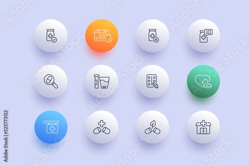 Medicines set icon. Jar, pill schedule, prescription, magnifier, effervescent tablet, blister, heart, cardiology, pharmacy, herbal, hospital. Healthcare concept. Neomorphism style. Vector line icon