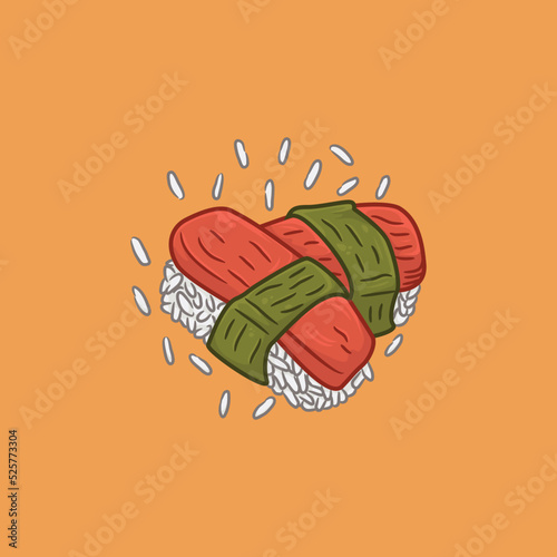 Cute illustration of unagi sushi on orange background, japanese food