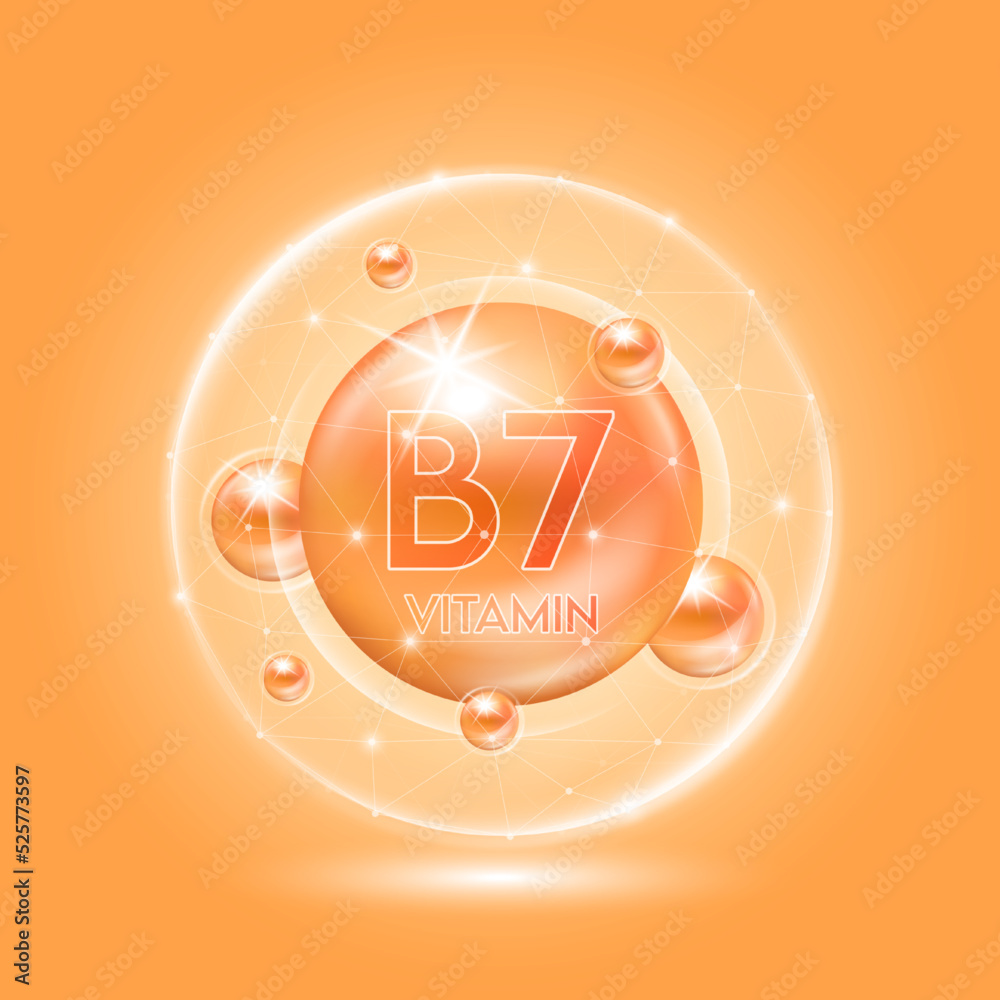 Vitamin B7 orange and translucent dome. Vitamins complex collagen. Beauty treatment nutrition