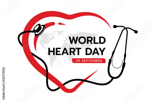world heart day - Black stethoscope roll around line red heart shape sign with world map texture vector design