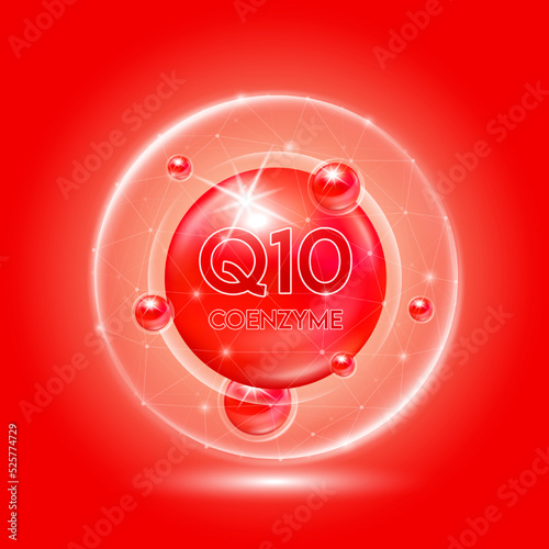 Vitamin coenzyme Q10 red and translucent dome. Vitamins complex collagen. Beauty treatment nutrition skin care design. Medical and scientific concepts. 3D vector EPS10.