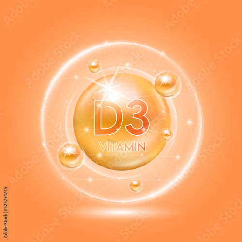 Vitamin D3 orange and translucent dome. Vitamins complex collagen. Beauty treatment nutrition skin care design. Medical and scientific concepts. 3D vector EPS10.
