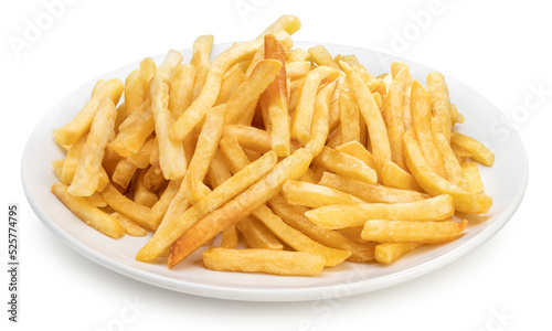 French fries in white plate isolated on white background, French fries on white plate With clipping path.