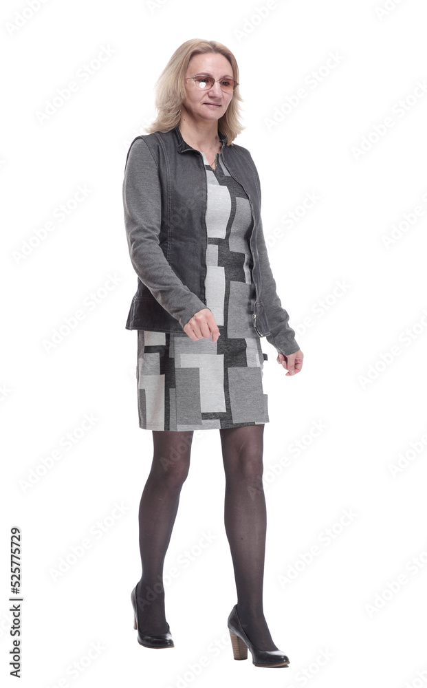 happy young woman striding forward. isolated on a white happy young woman striding forward. isolated on a white