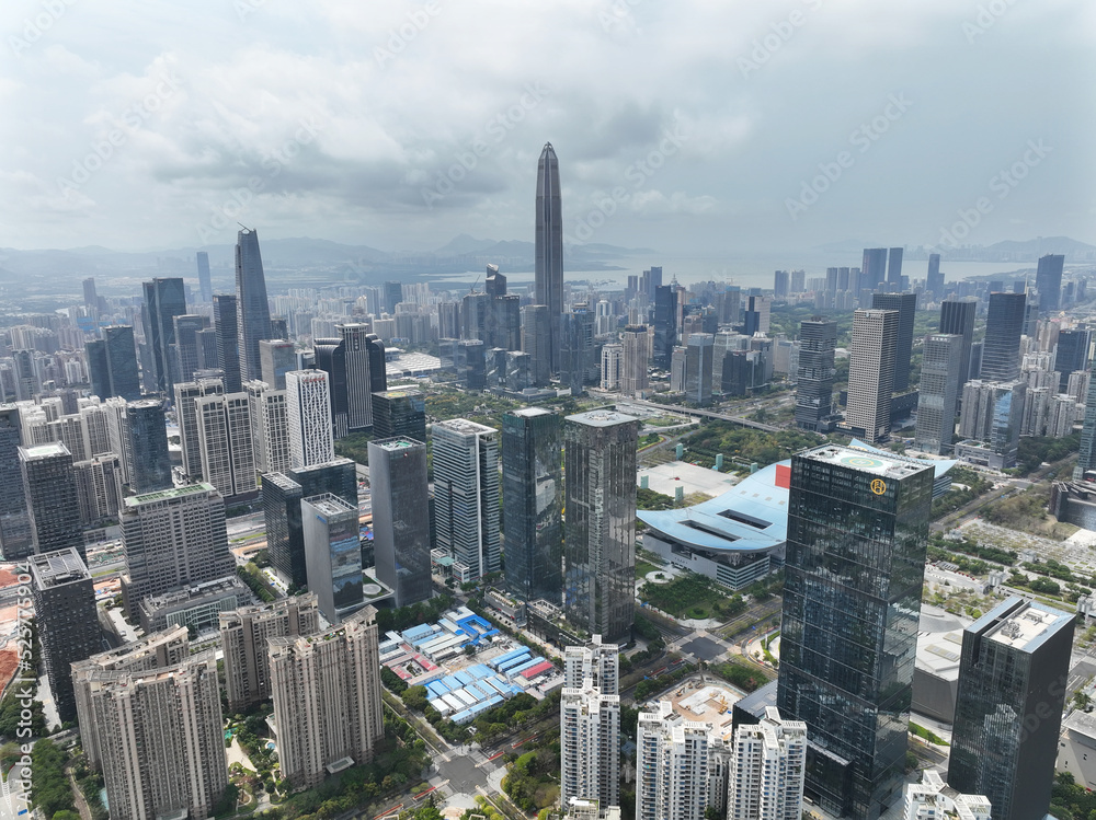 ShenZhen downtown, Futian district. Aerial view of Skyline in Shenzhen city in China in SHENZHEN.