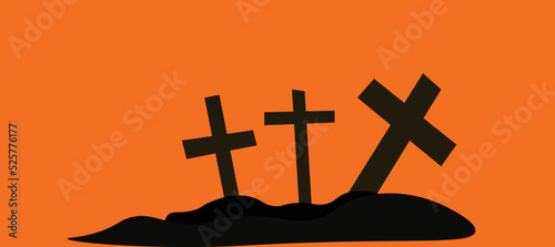 Halloween grave yard silhouette christian grave yard cross catacomb cross tombstone with orange background