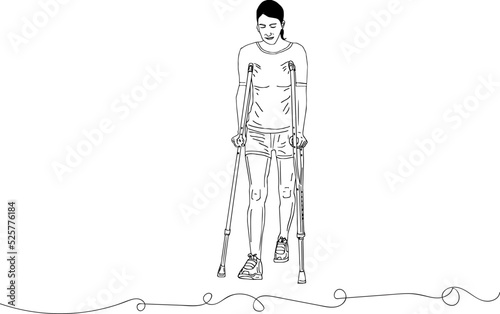 Woman walking with help of crutch cartoon drawing, woman with crutch doodle mascot, line art vector silhouette of woman holding crutch, handicap girl with crutch sketch drawing