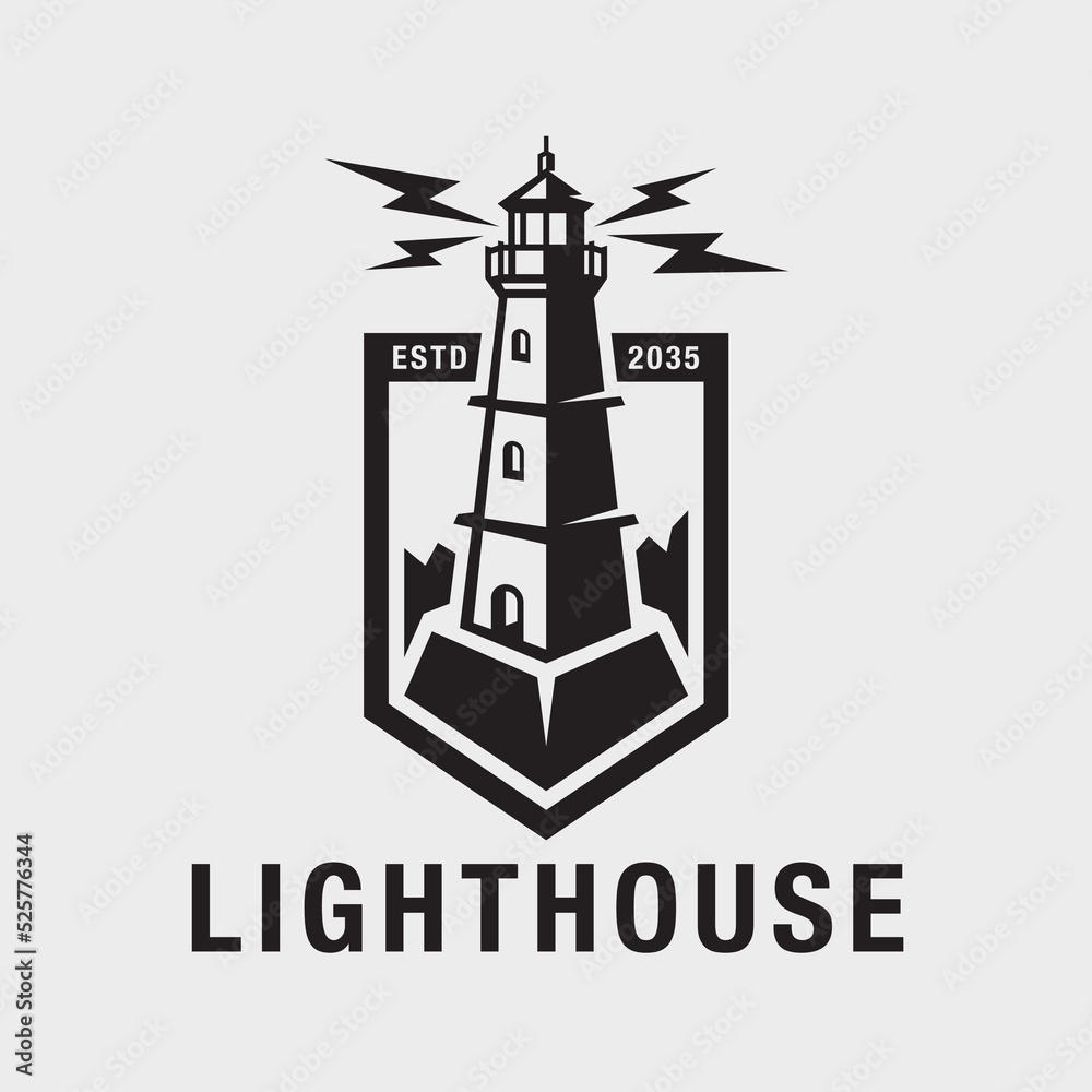 Lighthouse logo design. Maritime harbor icon. Search light signal beacon symbol. Nautical watch tower emblem. Vector illustration. Lighthouse logo design. Maritime harbor icon. Search light signal beacon symbol. Nautical watch tower emblem. Vector illustration.