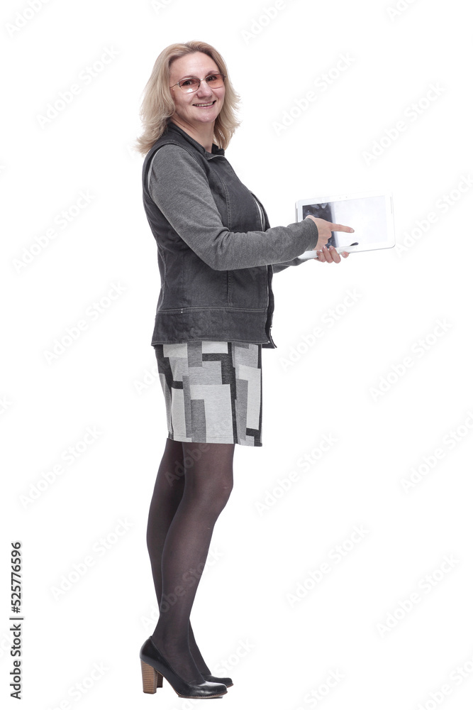casual young woman using a digital tablet . isolated on a white casual young woman using a digital tablet . isolated on a white