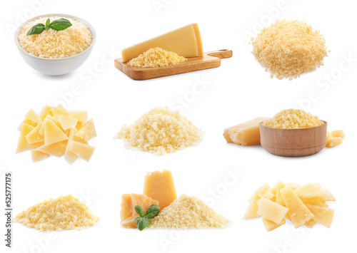 Set with delicious parmesan cheese on white background