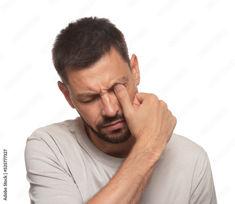 Man suffering from eyestrain on white background Man suffering from eyestrain on white background