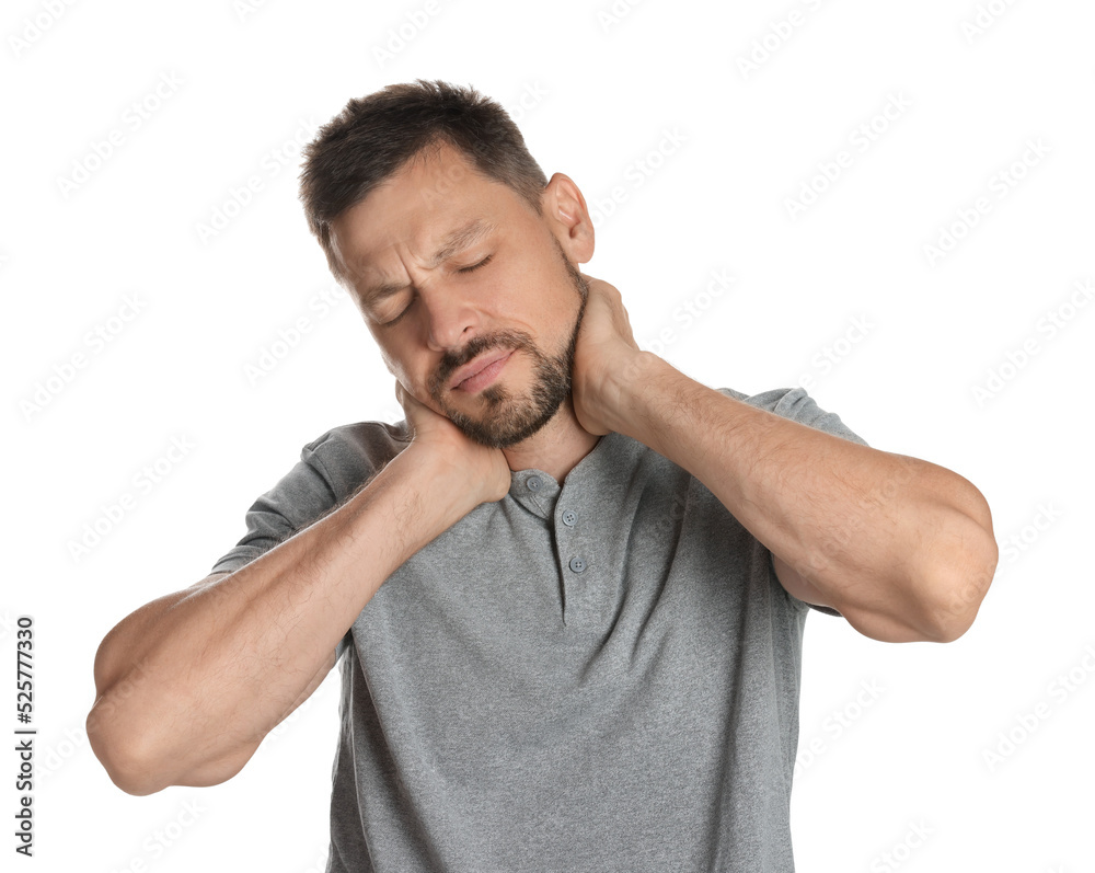 Man suffering from neck pain on white background Man suffering from neck pain on white background