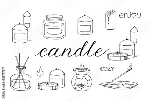 Pillar, jar candle, square, multi wick Different sizes. Decorative wax candles for relax and spa. Hand drawn doodle illustration. Line art vector set. Natural plants aroma