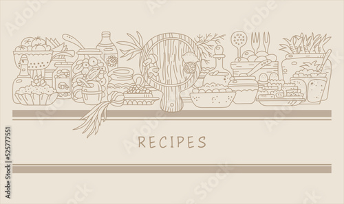 Food design template for cookbook, restaurant menu or recipes banner. Appetizers and salads in hand drawn vintage style.