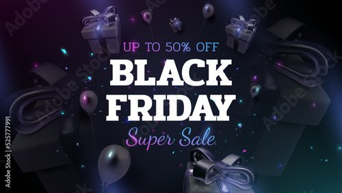 Black friday background with gift box decoration and balloons with glitter light effect element. 3d realistic vector design.