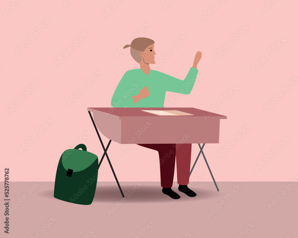 Boy with school bag or smart student at school desk isolated, flat vector stock illustration Boy with school bag or smart student at school desk isolated, flat vector stock illustration