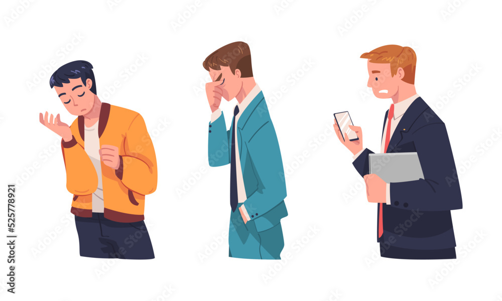 Frustrated businessmen set. Stressed men having health problems, unsatisfied with their job, stress at work cartoon vector illustration Frustrated businessmen set. Stressed men having health problems, unsatisfied with their job, stress at work cartoon vector illustration
