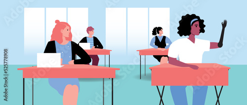 Students at desk in school or college class, flat vector stock illustration, children or adolescents of different ethnic groups, gender, disability
