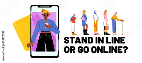 Virtual shopping and services VS offline. Stand in line or go online concept. People queue waiting turn and woman use mobile phone for purchasing or making payment transaction, Line art vector banner