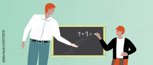 Teacher and student at board are isolated, flat vector stock illustration as concept of education, school, study