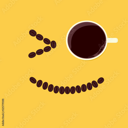 Good morning coffee, cup of wake up black coffee as eye with smiling coffee beans on bright yellow background, fresh drinking beverage, vector illustration.