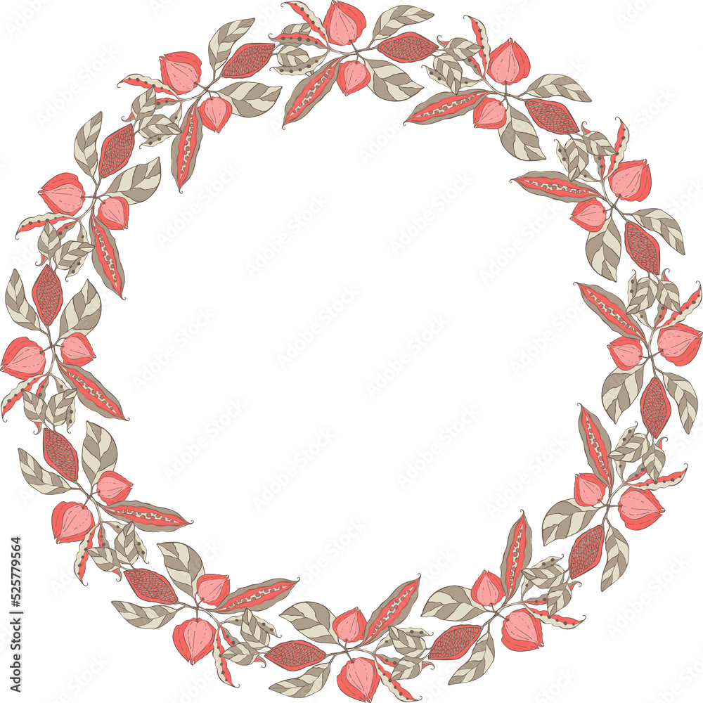 Wreath autumn  hand drawn doodle round frame with branches leaves. Pastel color. PNG