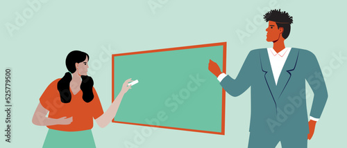 African teacher and schoolgirl at blackboard in classroom at school or college, flat vector stock illustration as template with space for text