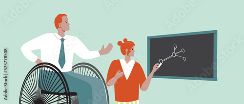 Inclusive teacher in wheelchair and schoolgirl at blackboard in school lesson, flat vector stock illustration