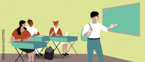 Schoolboy at blackboard in lesson at school, college, flat vector stock illustration with classmates