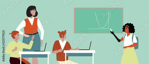 Disabled schoolgirl with prosthesis at blackboard in lesson at school, flat vector stock illustration with teacher and students in school classroom