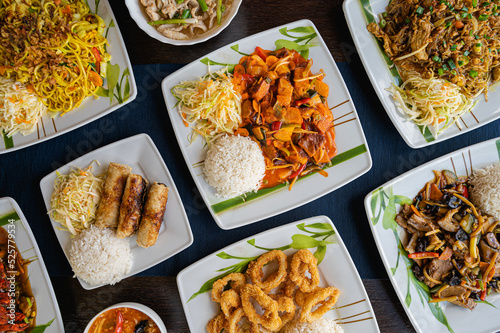 Asian food, food, meal, dinner, restaurant, meat, collage, plate, table, delicious, cuisine, vegetable, lunch, white, gourmet, rice, healthy 