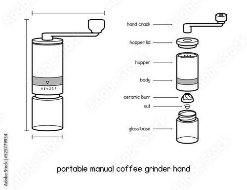 home portable manual coffee grinder hand coffee mill with ceramic burrs 6 adjustable settings portable hand crank tools diagram for setup manual outline vector illustration