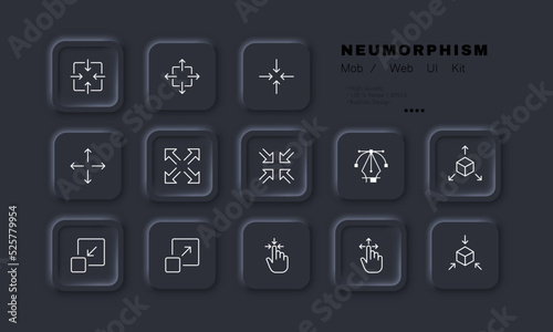 Zoom in and out arrows set icon. Scale, website buttons, metaverse, three dimensional cube, 3d, VR, view, viewer, player, watch, press, push, tap. Technology concept. Neomorphism. Vector line icon