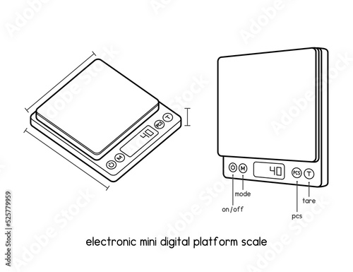 electronic mini digital platform scale LCD display mini digital jewelry weighing coffee scale diagram for setup manual outline vector illustration
