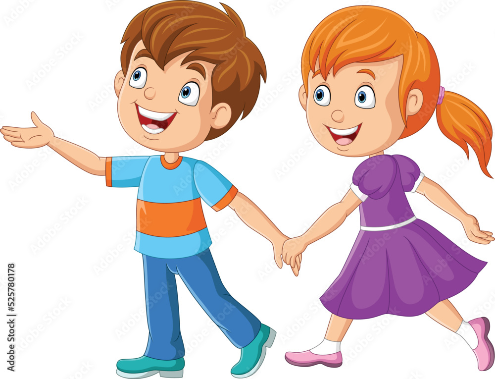 Cartoon happy boy and girl holding hands