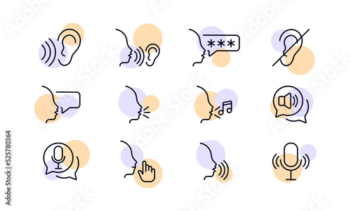 Sound sources set icon. Ear, hear, speak, talk, crossed out, poor hearing, speech bubble, music note, sing a song, megaphone, microphone, be quiet. Society concept. Vector line icon for Business