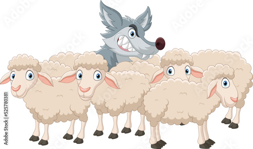 Cartoon wolf with sheep flock