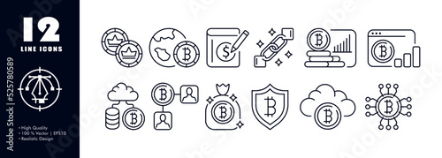 Bitcoin management set icon. Investment, exchange, trade, worldwide, accounting, blockchain, analytics, cloud technology, money bag, hack protection. Business concept. Vector line icon for Advertising